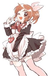 Rule 34 | 1girl, ;d, abe nana, amezawa koma, apron, black dress, blush, bow, bowtie, brown eyes, brown hair, commentary request, dress, feet out of frame, hair bow, heart, idolmaster, idolmaster cinderella girls, maid, maid apron, one eye closed, open mouth, pink bow, pink thighhighs, ponytail, simple background, sketch, smile, solo, sweatdrop, thighhighs, v