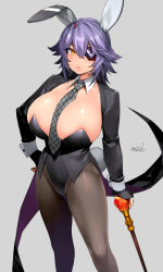 1girl, alternate costume, animal ears, areola slip, areolae, bangs, between breasts, black gloves, black jacket, black legwear, black leotard, blush, breasts, bunny ears, checkered, checkered neckwear, closed mouth, commentary, cropped jacket, eyebrows visible through hair, eyepatch, fingerless gloves, gloves, grey background, hair between eyes, hand on hip, happa (cloverppd), headgear, highres, huge breasts, jacket, kantai collection, leotard, long sleeves, looking at viewer, necktie, necktie between breasts, neckwear between breasts, pantyhose, playboy bunny, purple hair, short hair, signature, simple background, solo, tenryuu (kancolle), wrist cuffs, yellow eyes