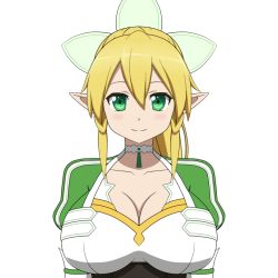 Rule 34 | 10s, 1girl, animated, animated gif, blonde hair, bouncing breasts, breasts, bryanz09, choker, cleavage, emofuri, green eyes, large breasts, leafa, long hair, looking at viewer, pointy ears, ponytail, smile, sword art online, white background