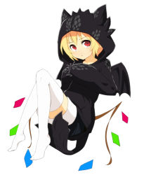 Rule 34 | 1girl, animal costume, blonde hair, cosplay, dragon costume, dragon wings, flandre scarlet, highres, hood, hoodie, how to train your dragon, looking at viewer, mantarou (shiawase no aoi tori), red eyes, simple background, solo, thighhighs, toothless, toothless (cosplay), touhou, white background, white thighhighs, wings, zettai ryouiki