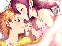 Rule 34 | 2girls, absurdres, ahoge, blush, breasts, camisole, cleavage, collarbone, commentary request, highres, holding hands, kougi hiroshi, long hair, long sleeves, looking at another, love live!, love live! sunshine!!, lying, medium breasts, multiple girls, on back, on side, orange hair, parted lips, pink camisole, purple eyes, purple hair, sakurauchi riko, shirt, short hair, sleeping, smile, takami chika, under covers, upper body, yellow shirt, yuri