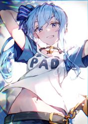 Rule 34 | 1girl, arm behind head, arm up, belt, black belt, black choker, blue bow, blue eyes, blue hair, blush, bow, choker, clothes writing, commentary, english commentary, grin, hair bow, hololive, hoshimachi suisei, long hair, looking at viewer, midriff peek, navel, raglan sleeves, redcomet, revision, short sleeves, side ponytail, smile, solo, star (symbol), star choker, star in eye, striped, striped bow, symbol in eye, teeth, virtual youtuber