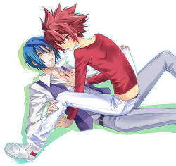 Rule 34 | 10s, 2boys, bad id, bad pixiv id, blue hair, carnelian, hand on own knee, looking at viewer, male focus, multiple boys, outline, red eyes, red hair, shadow, shindou sugata, simple background, sitting, star driver, tsunashi takuto, white background, yaoi, yellow eyes