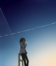 Rule 34 | 1girl, against railing, black hair, black pantyhose, breath, can, canned coffee, chain-link fence, coat, contrail, drink can, dusk, fence, from below, holding, long hair, original, pantyhose, profile, railing, red eyes, scarf, shorts, sky, solo, standing, star (sky), steam, uttt