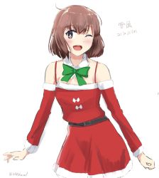 Rule 34 | 168admiral (sunflower), 1girl, brown eyes, brown hair, cowboy shot, dress, fur-trimmed dress, fur trim, highres, kantai collection, looking at viewer, one-hour drawing challenge, one eye closed, open mouth, red dress, round teeth, short hair, simple background, solo, strap, teeth, upper teeth only, white background, yukikaze (kancolle)