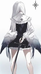Rule 34 | 1girl, angel wings, arm behind back, black dress, capelet, dress, facing away, feet out of frame, frilled capelet, frilled skirt, frilled sleeves, frills, from behind, gradient background, gradient hair, green night, grey background, grey hair, highres, holding, holding sword, holding weapon, long hair, long sleeves, low wings, multicolored hair, original, skirt, solo, standing, sword, very long hair, weapon, white background, white capelet, white hair, wings