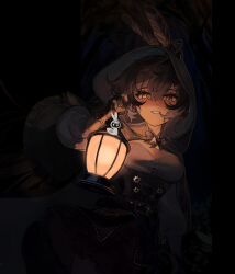 Rule 34 | 1girl, brown capelet, brown cloak, brown corset, brown eyes, brown hair, capelet, cloak, corset, eus ing, feather hair ornament, feathers, gloves, hair ornament, hairclip, highres, holocouncil, hololive, hololive english, lantern, long hair, looking at viewer, multicolored hair, mumei (song) (hololive), nanashi mumei, nanashi mumei (1st costume), ponytail, runes, shirt, skirt, smile, solo, streaked hair, very long hair, virtual youtuber, white shirt