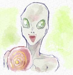 Rule 34 | 1boy, bald, bare shoulders, character name, chiimako, colored skin, gnosia, green background, grey skin, happy, light green background, looking at viewer, no eyebrows, open mouth, shigemichi, simple background, sketch, smile, solo, teeth, upper teeth only