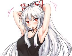 Rule 34 | 1girl, amagi (amagi626), armpits, arms up, bare arms, black tank top, blush, bow, breasts, cleavage, collarbone, commentary request, fujiwara no mokou, hair bow, head tilt, large breasts, long hair, looking at viewer, motion lines, mouth hold, ponytail, red eyes, sideboob, silver hair, simple background, solo, tank top, touhou, tying hair, upper body, white background, white bow