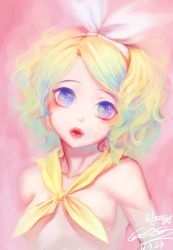Rule 34 | 10s, 1girl, 2016, bad id, bad pixiv id, blonde hair, blue eyes, bow, closed mouth, cockia, collarbone, dated, female focus, hair ornament, hairband, hairclip, head tilt, highres, kagamine rin, kerchief, looking at viewer, no pupils, pink background, red lips, signature, solo, topless frame, upper body, vocaloid, wavy hair, white bow