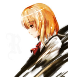 Rule 34 | 1girl, ascot, bad id, bad pixiv id, blonde hair, embodiment of scarlet devil, expressionless, female focus, frown, naname ushiro, orange eyes, profile, rumia, simple background, solo, touhou, upper body, white background
