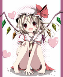 Rule 34 | 1girl, ascot, barefoot, blush, child, crystal, fang, female focus, flandre scarlet, hat, hat ribbon, heart, kazura, open mouth, puffy sleeves, red eyes, ribbon, short hair, short sleeves, side ponytail, sitting, solo, touhou, wings
