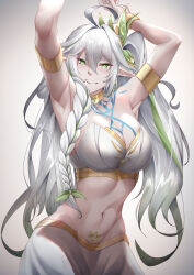Rule 34 | 1girl, absurdres, aged up, ahoge, alternate costume, alternate hairstyle, armlet, armpits, arms up, arturaxia, bracelet, braid, breasts, chest tattoo, cleavage, commentary request, cosplay, genshin impact, gradient hair, green eyes, hair between eyes, hair ornament, highres, jewelry, large breasts, long hair, looking at viewer, multicolored hair, nahida (genshin impact), navel, one side up, parted lips, pointy ears, pubic tattoo, rukkhadevata (genshin impact), rukkhadevata (genshin impact) (cosplay), sidelocks, single braid, sleeveless, smile, solo, stomach, symbol-shaped pupils, tattoo, white background, white hair