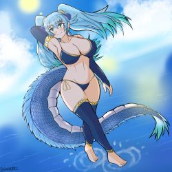Rule 34 | 1girl, alternate costume, arm up, armpits, artist name, bikini, blue background, blue bikini, blue eyes, blue hair, blue sky, blue sleeves, blue tail, blue thighhighs, blush, breasts, closed mouth, cloud, collarbone, commission, day, detached sleeves, dragon girl, dragon tail, dutch angle, extra ears, feet, female focus, full body, hair ornament, highres, kemono friends, large breasts, long hair, midriff, nanoder, navel, no shoes, ocean, outdoors, scales, seiryuu (kemono friends), side-tie bikini bottom, sky, smile, solo, standing, swimsuit, tail, thighhighs, thighs, twintails, walking, walking on water, water, wavy hair