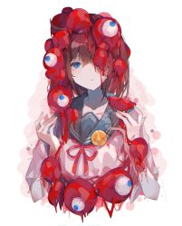 Rule 34 | 1girl, absurdres, ahoge, badge, blood, blood on face, blue eyes, blue sailor collar, blush stickers, brown hair, closed mouth, commentary request, cropped torso, crying, expo2025, eyeball, hands up, highres, medium hair, myaku-myaku, neck ribbon, one eye covered, original, red ribbon, ribbon, sailor collar, school uniform, serafuku, shirt, short sleeves, slit pupils, solo, streaming tears, tears, tower of the sun, umemaro (siona0908), upper body, white background, white shirt