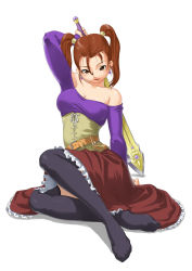Rule 34 | 1girl, :d, arm support, arm up, bare shoulders, belt, black thighhighs, breasts, brown eyes, brown hair, cleavage, corset, covered erect nipples, dragon quest, dragon quest viii, dress, earrings, feet, frilled skirt, frills, full body, gem, head tilt, holding, holding weapon, jessica albert, jewelry, knee up, legs, lips, long sleeves, looking at viewer, makochin, medium breasts, naughty face, no bra, off shoulder, open mouth, over shoulder, purple shirt, shirt, short hair, short twintails, simple background, sitting, skirt, smile, solo, square enix, strapless, strapless dress, sword, taut clothes, thighhighs, twintails, weapon, weapon over shoulder, white background, yokozuwari