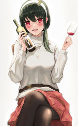 Rule 34 | 1girl, belt, blush, bottle, chair, crossed legs, cup, drinking glass, green hair, hair between eyes, hairband, highres, holding, long sleeves, looking at viewer, open mouth, pantyhose, plaid, plaid skirt, red eyes, red skirt, sidelocks, simple background, sitting, skirt, smile, solo, spy x family, tooku0, white background, white hairband, wine bottle, wine glass, yor briar