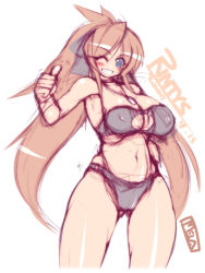 Rule 34 | 1girl, bikini, blue eyes, breasts, brown hair, cameltoe, covered erect nipples, dog tags, grin, hair ribbon, huge breasts, long hair, mel/a, navel, one eye closed, original, ponytail, ribbon, rintys, sketch, smile, solo, swimsuit, twintails, very long hair, wink