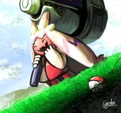 Rule 34 | 1girl, artist request, creatures (company), game freak, grass, hammer, happy, holding, holding hammer, huge weapon, nature, nintendo, no humans, poke ball, pokemon, pokemon (creature), sky, smile, solo, tinkaton, weapon