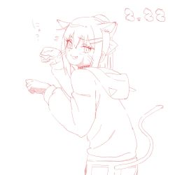 Rule 34 | 1girl, alternate costume, animal ears, bad id, bad twitter id, black eyes, blush, burn scar, cat ears, cat tail, collar, cowboy shot, denim, dorei to no seikatsu ~teaching feeling~, embarrassed, fang, flying sweatdrops, hair between eyes, hair ornament, hairclip, highres, hood, hoodie, jeans, kemonomimi mode, long hair, long sleeves, looking at viewer, nervous, nyan, open mouth, pants, paw pose, ponytail, scar, shimo gatake, simple background, smile, solo, standing, sweat, sweatdrop, sylvie (dorei to no seikatsu), tail, white background