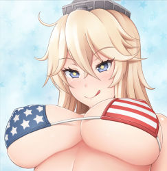 Rule 34 | 10s, 1girl, :q, ahoge, american flag bikini, bikini, blonde hair, blue background, blue eyes, breasts, cloud, covered erect nipples, flag print, from below, hair between eyes, hat, highres, iowa (kancolle), kantai collection, large breasts, licking lips, long hair, looking at viewer, naughty face, ogoro, sky, solo, star-shaped pupils, star (symbol), swimsuit, symbol-shaped pupils, tongue, tongue out, tsurime, underboob