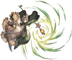 Rule 34 | 10s, 1girl, arms up, boots, brown footwear, closed mouth, dress, eyebrows, flower, frilled dress, frills, full body, granblue fantasy, grey hair, holding, holding staff, hood, leaf, long sleeves, minaba hideo, minigob, minigob (granblue fantasy), official art, orange eyes, pointy ears, shingeki no bahamut, short hair, solo, staff, transparent background, wavy mouth, white dress, wide sleeves