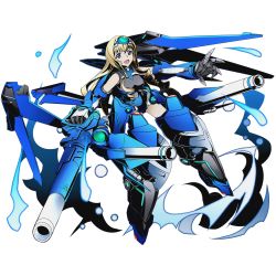 Rule 34 | 10s, 1girl, alpha transparency, black legwear, blonde hair, blue eyes, blue tears, cecilia alcott, divine gate, drill hair, full body, gun, infinite stratos, long hair, looking at viewer, mecha musume, official art, open mouth, solo, transparent background, ucmm, weapon