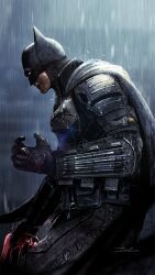 Rule 34 | 1boy, absurdres, armor, batman, batman (series), black cape, black gloves, bruce wayne, cape, commentary, dc comics, english commentary, from side, gloves, highres, holding, looking down, male focus, mask, open hand, rain, signature, superhero costume, taka-f, the batman (2022), white eyes