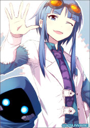 Rule 34 | 1girl, ;d, animal print, bat print, blue eyes, blue hair, frankenstein&#039;s castle, goggles, goggles on head, k-suwabe, lab coat, long hair, long sleeves, matching hair/eyes, necktie, one eye closed, open mouth, oshiro project:re, sidelocks, smile, solo, stitches, twitter username