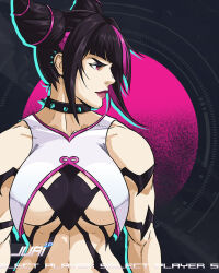 Rule 34 | 1girl, black background, black hair, body markings, breasts, character name, closed mouth, collar, commentary, diagonal bangs, drill hair, english commentary, hair horns, hair intakes, han juri, highres, jhony caballero, large breasts, looking to the side, medium hair, multicolored hair, pink background, pink eyes, pink hair, pink lips, solo, spiked collar, spikes, streaked hair, street fighter, street fighter 6, twin drills, two-tone background, two-tone hair, upper body