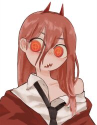 Rule 34 | 1girl, absurdres, black necktie, chainsaw man, collared shirt, cross-shaped pupils, gurumo (twitter), hair between eyes, highres, horns, jacket, jacket partially removed, long hair, looking to the side, necktie, off shoulder, open mouth, orange hair, power (chainsaw man), red eyes, red horns, red jacket, sharp teeth, shirt, simple background, small horns, solo, symbol-shaped pupils, teeth, white background, white shirt