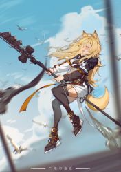 Rule 34 | 1girl, animal ears, arknights, bird, black jacket, black shirt, black thighhighs, blonde hair, blue sky, blush, breasts, ceobe (arknights), character name, closed eyes, cloud, cloudy sky, commentary, dated commentary, day, dog ears, dog tail, fang, flp 30, from side, highres, holding, holding staff, jacket, jumping, long hair, long sleeves, material growth, medium breasts, miniskirt, motion blur, multicolored clothes, multicolored jacket, open mouth, oripathy lesion (arknights), outdoors, profile, shirt, skin fang, skirt, sky, smile, solo, staff, tail, thighhighs, thighs, two-tone jacket, white jacket, white skirt