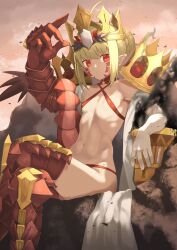 Rule 34 | 1girl, absurdres, ahoge, armored legwear, bikini, blonde hair, braid, breasts, criss-cross halter, crossed legs, crown, dragon claw, dragon tail, elbow gloves, expressionless, facial mark, fate/grand order, fate (series), gloves, hair bun, hair intakes, halterneck, highres, holy grail (fate), looking at viewer, mutsuki albino, navel, nero claudius (fate), nero claudius (fate) (all), paid reward available, pointy ears, queen draco (fate), queen draco (second ascension) (fate), red bikini, red eyes, robe, scales, sidelocks, sitting, small breasts, solo, swimsuit, tail, white gloves, white robe