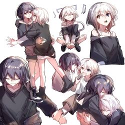 bang_dream! bang_dream!_it&#039;s_mygo!!!!! black_footwear black_shirt blue_eyes blue_shorts boots brown_eyes candy cat_tail closed_eyes couple drawn_ears food grey_hair grey_hoodie heterochromia hibioes highres holding holding_microphone hood hood_down hoodie hug kaname_raana kemonomimi_mode layered_sleeves long_sleeves microphone multiple_views shirt short_hair short_over_long_sleeves short_sleeves shorts simple_background sweatdrop tail takamatsu_tomori white_background white_hair white_shirt yellow_eyes yuri