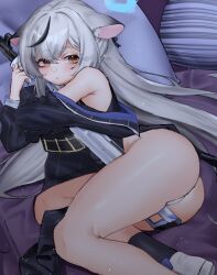 Rule 34 | 1girl, absurdres, animal ears, ass, black dress, black hair, black jacket, blue archive, brown eyes, commentary, dress, grey hair, gun, halo, highres, holding, holding gun, holding weapon, jacket, kokona (blue archive), long hair, looking at viewer, lying, multicolored hair, nya nyan, on side, panties, pillow, sleeveless, sleeveless dress, solo, streaked hair, striped clothes, striped jacket, thighs, twitter username, underwear, vertical-striped clothes, vertical-striped jacket, weapon, white panties
