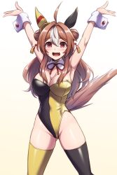 Rule 34 | 1girl, ahoge, animal ears, armpits, arms up, asymmetrical legwear, black leotard, black thighhighs, blush, breasts, brown hair, cleavage, commentary request, copano rickey (umamusume), cowboy shot, detached collar, double bun, ear covers, ear ornament, fang, hair between eyes, hair bun, hair ornament, highleg, highleg leotard, highres, horse ears, horse girl, horse tail, large breasts, leotard, long hair, looking at viewer, mismatched legwear, multicolored hair, nontraditional playboy bunny, open mouth, pataneet, pink eyes, simple background, skin fang, smile, solo, strapless, strapless leotard, streaked hair, tail, tassel, tassel hair ornament, thighhighs, two-tone leotard, umamusume, white background, white hair, wrist cuffs, yellow leotard, yellow thighhighs