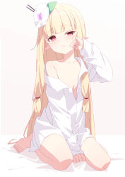 Rule 34 | 1girl, bad id, bad pixiv id, barefoot, bed sheet, between legs, blonde hair, breasts, character request, collared shirt, commentary request, commission, dress shirt, dungeon and fighter, flower, full body, hair flower, hair ornament, hand between legs, hand up, head tilt, highres, long hair, long sleeves, looking at viewer, naked shirt, oueo, pixiv commission, pointy ears, red eyes, shirt, sitting, sleeves past wrists, small breasts, solo, very long hair, wariza, white flower, white shirt