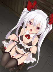 Rule 34 | 1girl, :o, azur lane, bare shoulders, bikini, bikini top only, black bikini, black dress, black panties, black thighhighs, blush, boots, bow, chair, clothes lift, collar, commentary request, detached collar, dress, dress lift, fang, from above, front-tie bikini top, front-tie top, garter straps, hair between eyes, hair ribbon, indoors, lifted by self, long hair, looking at viewer, looking up, noa (nagareboshi), open mouth, panties, red eyes, red neckwear, red ribbon, ribbon, silver hair, sitting, solo, swimsuit, thigh gap, thighhighs, twintails, underwear, vampire (azur lane), very long hair, white collar, wing collar