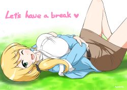 Rule 34 | 1girl, belt, blonde hair, blue jacket, blush, breasts, crossed arms, ellen baker, english text, grass, green eyes, hair ornament, hair scrunchie, jacket, kyanpero, large breasts, long hair, looking at viewer, lying, new horizon, on back, one eye closed, open mouth, ponytail, scrunchie, sexually suggestive, shirt, skirt, smile, solo, white shirt