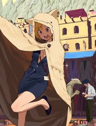 Rule 34 | 1boy, 1girl, 4others, :d, animal hood, arm up, blonde hair, blue jacket, blue sky, breasts, brown eyes, cloak, commentary, commentary request, day, english commentary, foot out of frame, highres, hood, hooded cloak, jacket, legs, lizardman, market stall, medium breasts, medium hair, miniskirt, mixed-language commentary, money, multiple others, mushoku tensei, name tag, office lady, open mouth, original, outdoors, partially unbuttoned, pencil skirt, sekoshi (some1else45), shirt, skirt, sky, smile, some1else45, sparkle, standing, standing on one leg, teeth, thighs, upper teeth only, wallet, white shirt