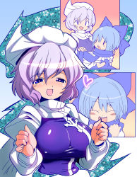 Rule 34 | 2girls, blue eyes, blue scarf, blush, bow, breasts, cirno, dress, face, hair bow, happy, hat, kitsune choukan, large breasts, letty whiterock, light purple hair, multiple girls, open mouth, perfect cherry blossom, purple hair, ribbon, scarf, short hair, smile, touhou, white scarf, wings, | |