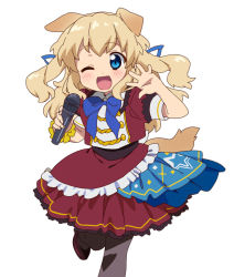 Rule 34 | 1girl, ;d, animal ears, blonde hair, blue eyes, blush, bow, bowtie, dog ears, dog tail, fang, hair ribbon, holding, holding microphone, looking at viewer, microphone, one eye closed, open mouth, original, pantyhose, ribbon, smile, solo, tail, tonbi, waving, wavy hair, white background