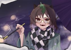 Rule 34 | 1girl, :d, absurdres, animal ears, brown eyes, brown hair, checkered clothes, checkered scarf, futatsuiwa mamizou, glasses, green kimono, heaven4014, highres, holding, holding smoking pipe, japanese clothes, kimono, kiseru, leaf, leaf on head, long sleeves, looking at viewer, open mouth, raccoon ears, raccoon girl, raccoon tail, scarf, short hair, smile, smoke, smoking, smoking pipe, solo, tail, touhou