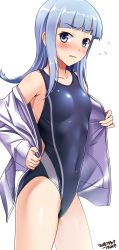Rule 34 | 1girl, artist name, bare shoulders, blue eyes, blue hair, blue one-piece swimsuit, blunt bangs, blush, collarbone, commentary, competition swimsuit, covered navel, cowboy shot, dated, flat chest, flipped hair, flying sweatdrops, hatsukaze (kancolle), highres, jacket, kantai collection, light blue hair, long sleeves, looking at viewer, looking to the side, multicolored clothes, multicolored one-piece swimsuit, multicolored swimsuit, navel, off shoulder, one-piece swimsuit, open clothes, open jacket, removing jacket, shiny skin, shiny swimsuit, simple background, solo, striped clothes, striped one-piece swimsuit, swimsuit, swimsuit under clothes, tsuchimiya, undressing, vertical-striped clothes, vertical-striped one-piece swimsuit, wavy mouth, white background, white jacket