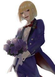 Rule 34 | 1boy, :d, absurdres, blonde hair, blue pants, blue suit, blunt bangs, bouquet, bow, bowtie, flower, formal, gloves, green eyes, highres, holding, holding bouquet, male focus, open mouth, pants, red bow, riemartan, rook hunt, simple background, smile, solo, striped clothes, striped vest, suit, twisted wonderland, vest, white background, white gloves