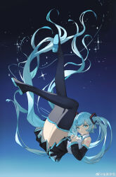 Rule 34 | 1girl, absurdres, black shirt, black thighhighs, blue background, blue eyes, blue hair, boots, closed mouth, detached sleeves, floating, gradient background, hair ornament, hands on own chest, hatsune miku, highres, kuweichuanxin jr, legs, legs up, long hair, looking at viewer, number tattoo, pleated skirt, shirt, shoe soles, skirt, solo, sparkle, star (sky), tattoo, thigh boots, thighhighs, thighs, twintails, vest, vocaloid, weibo logo, weibo watermark, white vest