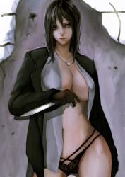 Rule 34 | 1girl, asanuma, bad id, bad pixiv id, black hair, blue eyes, breasts, gloves, heart, jewelry, knife, large breasts, long hair, necklace, no bra, open clothes, open shirt, original, panties, reverse grip, shirt, solo, underwear