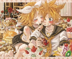 Rule 34 | 1boy, 1girl, banana, bass clef, blonde hair, blue eyes, blush, brother and sister, cake, checkerboard cookie, cherry, cookie, cup, doughnut, eating, flower, food, food on face, fruit, hair ribbon, kagamine len, kagamine rin, kiwi (fruit), licking, macaron, pancake, pastry, pink flower, pink rose, red flower, red rose, ribbon, rose, ruuko (artist), short hair, siblings, pancake stack, strawberry, syrup, tea, teacup, tiered tray, tongue, twins, vocaloid