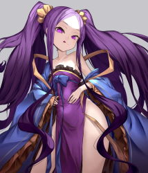 Rule 34 | 1girl, :q, bad id, bad pixiv id, bare shoulders, closed mouth, commentary request, contrapposto, cowboy shot, dress, fate/grand order, fate (series), grey background, japanese clothes, legs, long hair, long sleeves, looking at viewer, no panties, parted bangs, pelvic curtain, purple dress, purple eyes, purple hair, quad tails, simple background, sleeves past wrists, smile, solo, soya (torga), standing, tongue, tongue out, very long hair, wide sleeves, wu zetian (fate), wu zetian (first ascension) (fate)