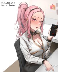 Rule 34 | 1girl, absurdres, breasts, cellphone, cleavage, collared shirt, desk, highres, hololive, hololive english, long hair, looking at viewer, mori calliope, open mouth, paper, phone, photo (object), pink hair, secretary, shirt, skirt, smartphone, solo, takanashi kiara, tanukidraws, virtual youtuber